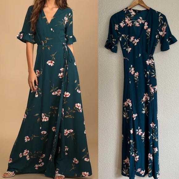 NWOT September Sunsets Dark Teal Floral Print Wrap Maxi Dress - Picture 1 of 6
